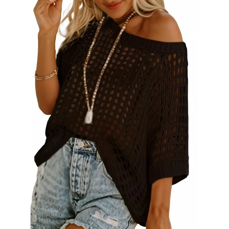 Short Sleeve Crochet Sweater Lightweight Summer Tops Loose Hollow Out Crewneck Pullover
